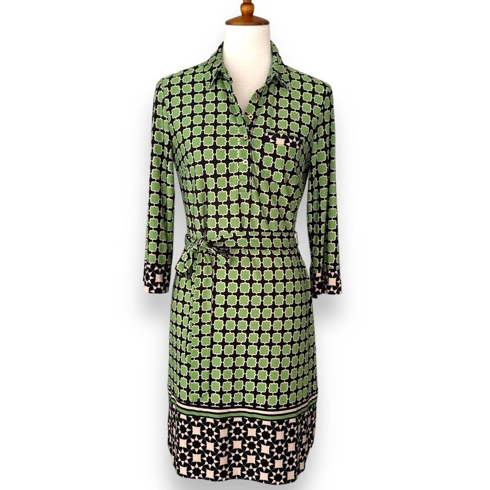 🍀Donna Morgan Green Navy Button Up Collared Geometric Mini Dress Size US 8